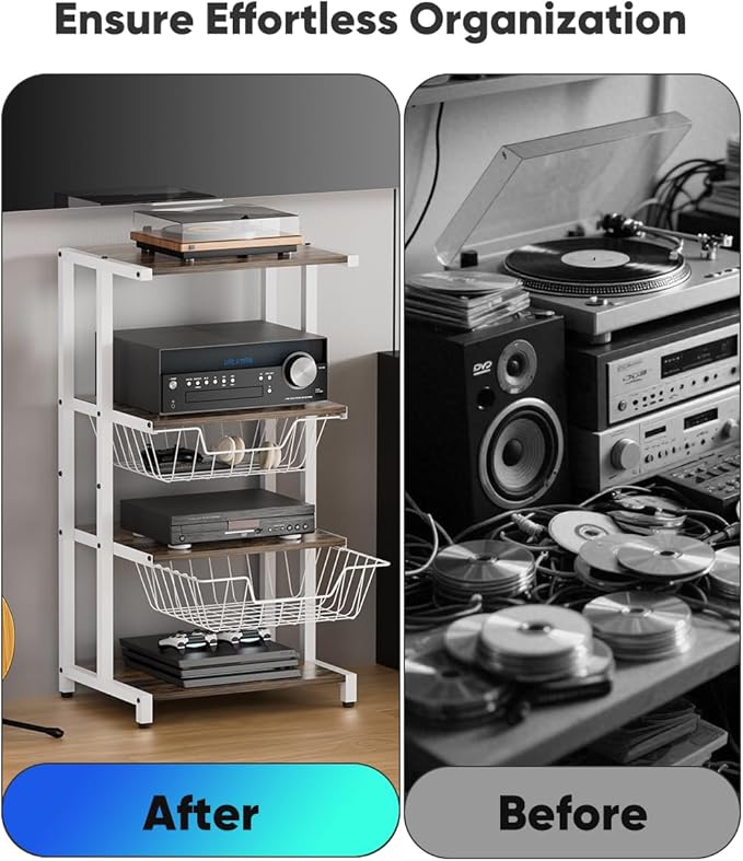 Media Stand with Two Detachable Baskets, 4-Tier AV Media Stand Corner Shelf for DVD Players/Cable Boxes/Games Consoles, Audio Storage Rack for Living Room, Gaming Room, Music Studio, White