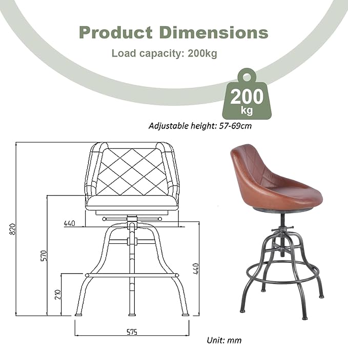 Diwhy Industrial Counter Stool, 22.44"-27.17" Adjustable Height PU Backrest Seat Bar Stool, Vintage Kitchen Dining Chair with Footrest, for Kitchen, Dining Side Chair, Bistro, Brown Leather