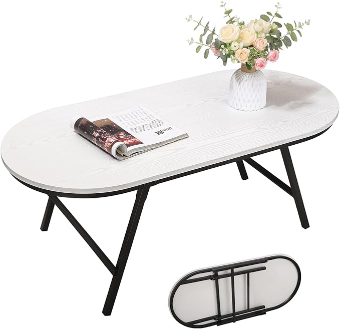Small Oval Coffee Table Wooden Low Coffee Table with Folding Legs Portable White Center Table Simple Modern Floor Table Desk for Living Room Home Office