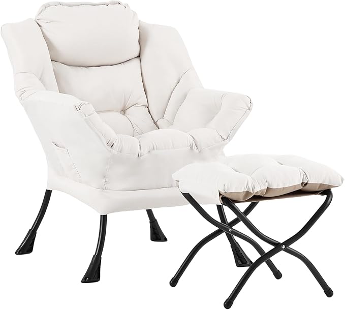 LITA Lazy Chair with Ottoman, Modern Accent Leisure Upholstered Sofa, Contemporary Lounge Reading Chair with Armrests and a Side Pocket for Living Room, Bedroom & Small Space, Beige