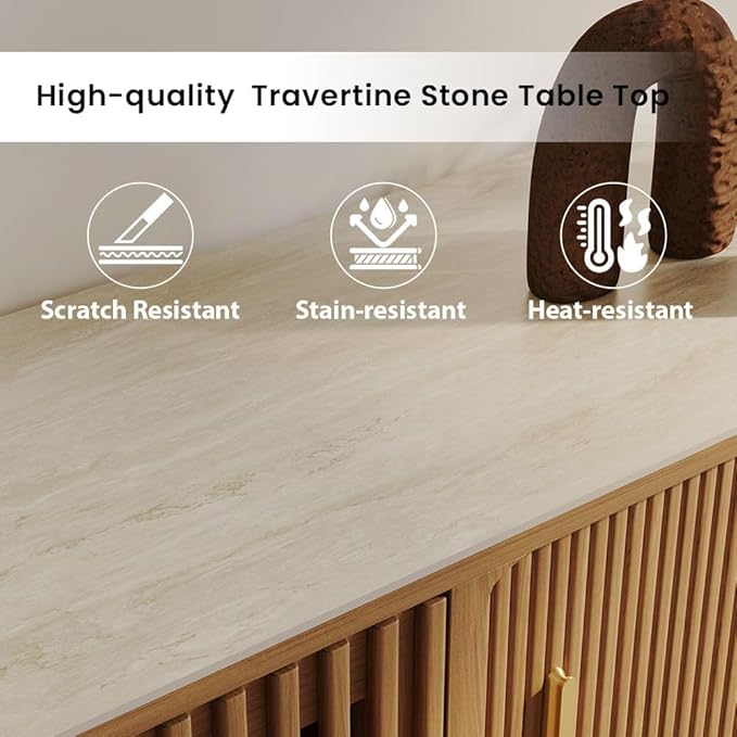 POVISON Fully-Assembled Mid Century Modern Black TV Stand with White Matte Travertine Stone Tabletop & LED Lights, Rolling Door Media Console, Wood TV Console for Living Room