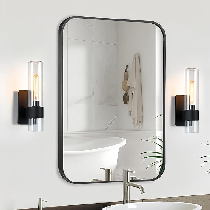 Black Bathroom Mirror, 30x36 Inch Matte Black Mirror, Aluminum Alloy Framed Vanity Mirror, Rounded Rectangle Bathroom Mirror for Over Sink, Anti-Rust Wall Mirror (Horizontally or Vertically)