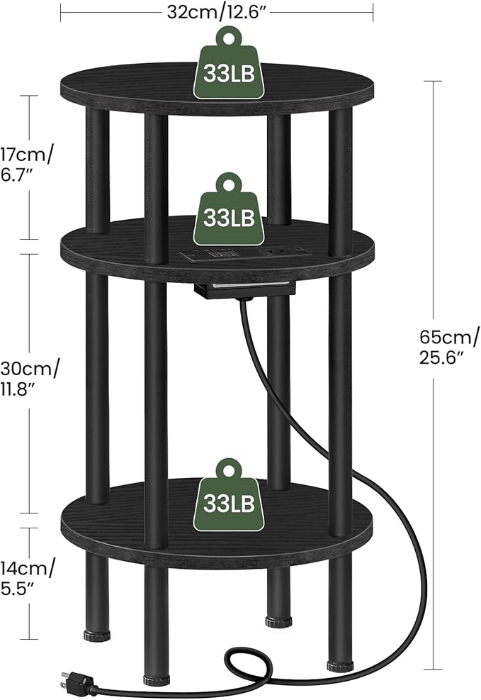 Small Round Side Table with Charging Station, 3-Tier Round End Table for Small Spaces, Nightstand for Living Room, Bedroom, Black TBZ06UBB