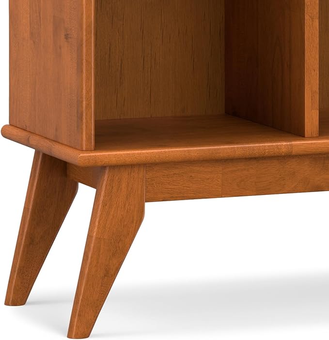 SIMPLIHOME Draper Console Table - 57 Inch Wide Solid Hardwood 8-Cube Sofa Table in Teak Brown, Mid-Century Modern Bookcase for Entryway or Living Room with 8 Open Storage Cubbies and Tapered Legs