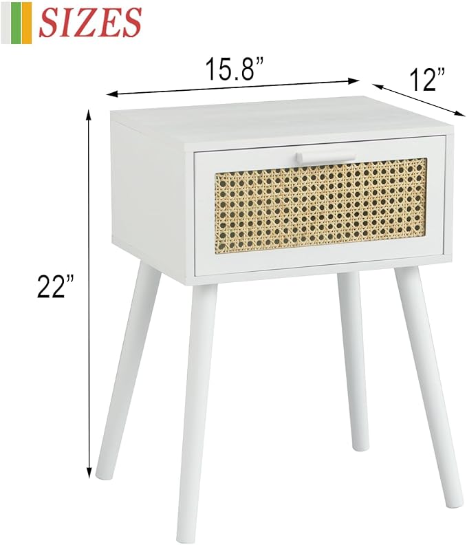 AWASEN White Rattan Nightstand, Modern Bedside Table with Rattan Drawer, End Table with Storage and Solid Wood Legs for Bedroom Living Room Small Space (White)