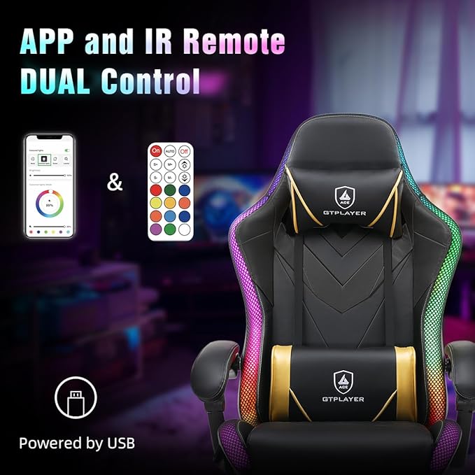 GTPLAYER Gaming Chair, RGB Gaming Chairs with LED Lights, Video Gaming Chair for Adults, Ergonomic Computer Gaming Chair with Linkage Armrest, Reclining Chair with Headrest (Without Massage, Black)