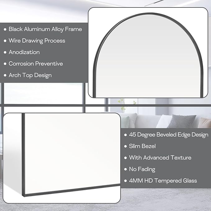 30" x 48" Black Arched Mirror, Arch Wall Mirror, Metal Frame Black Bathroom Mirror, Arched Top Bathroom Vanity Mirror for Living Room, Bedroom, Entryway, Tempered Glass, Shatter Proof