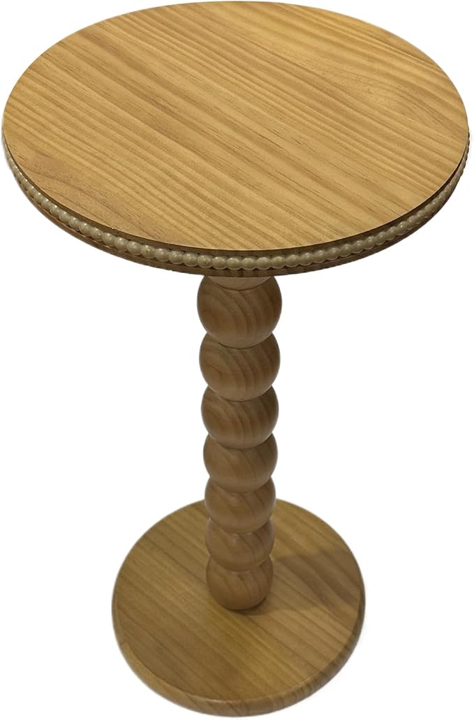 JUIOETURBoho Beaded Round Side Table - Handcrafted Small Accent Table for Small Spaces w/Solid Wood Leg - Drink Table for Living Room, Bedroom, Dorm, Office & Tight Corners (Nature)