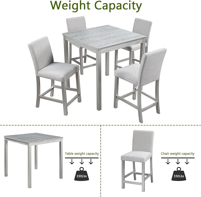 KEIKI 5-Piece Counter Height Dining Table Set with Square Table and 4 Upholstered Chair, for 4 Person, Modern Crystal Decoration Wooden Table Set, Easy Assembly, for Kitchen, Dining Room, Silver Grey