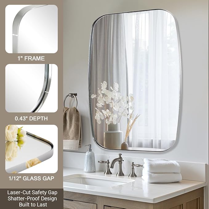 ANDY STAR Chrome Oblong Mirror, 32x40 Inch Polished Chrome Oval Mirror for Bathroom with Stainless Steel Metal Frame, Wall Mouned for Bathroom, Living Room, Entryway