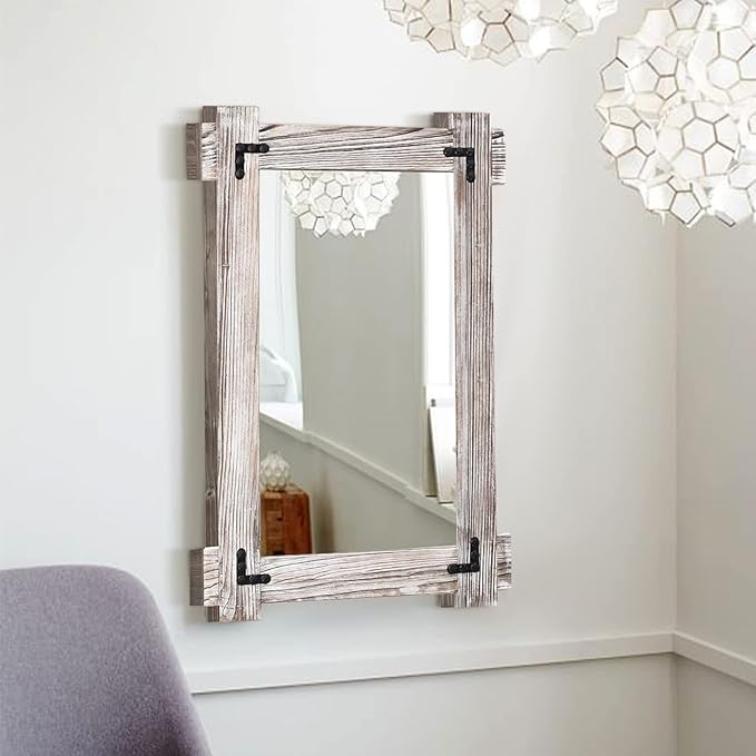 MeMoreCool Farmhouse Rustic Wood Framed Bathroom Mirror, Decorative Wall Mounted Rectangular Mirror for Bedroom, Living Room, or Bathroom, 24x36 Inch, White