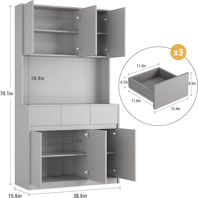 Garvee Kitchen Pantry Storage Cabinet, Tall Storage Cabinet with Doors and Shelves, Kitchen Storage Hutch with Microwave Stand, Led Lights and Charging Station,Corner Pantry Cabinet,Grey