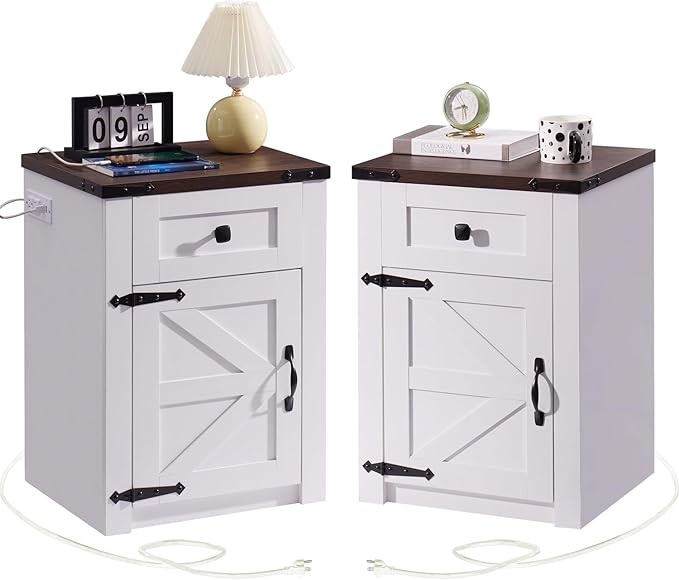 SOOWERY Nightstands Set of 2, Nightstand with Charging Station, Farmhouse End Table with Barn Door and Drawer, Rustic Wood Sofa Side Table for Bedroom, Living Room, White