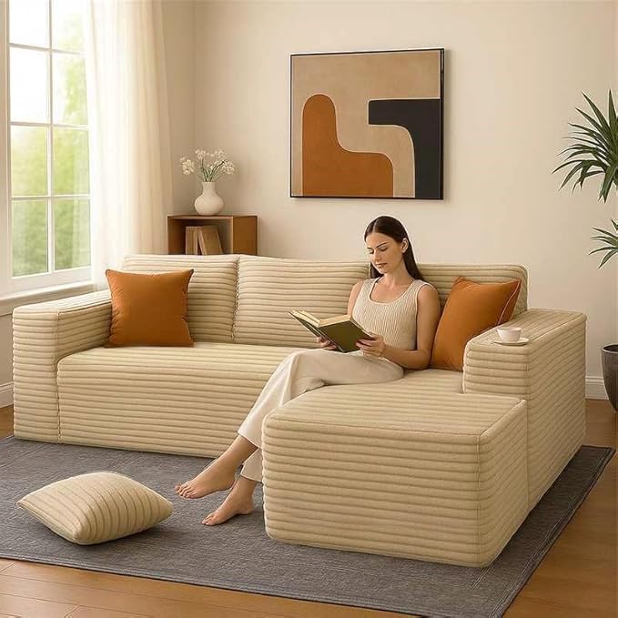 COMHOMA 105”Modular Sectional Sofa with Deep Seat,Cloud Upholstered L-Shape Couch Wide Arms Corduroy Fabric High-Density Foam Chaise Lounge for Living Room No Assembly Required
