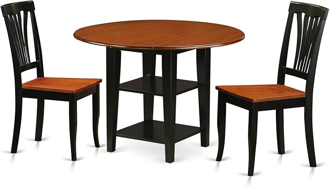 East West Furniture SUAV3-BCH-W 3 Piece Dining Room Table Set Contains a Round Kitchen Table with Dropleaf & Shelves and 2 Dining Chairs, 42x42 Inch, Black & Cherry