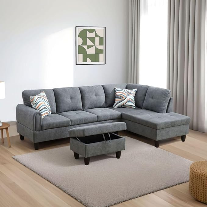 Dark Grey L-Shaped 3-Piece Flannel Sofa with Storage Ottoman Set, Sectional Couch Sofa Set for Living Room, Office, Small Space