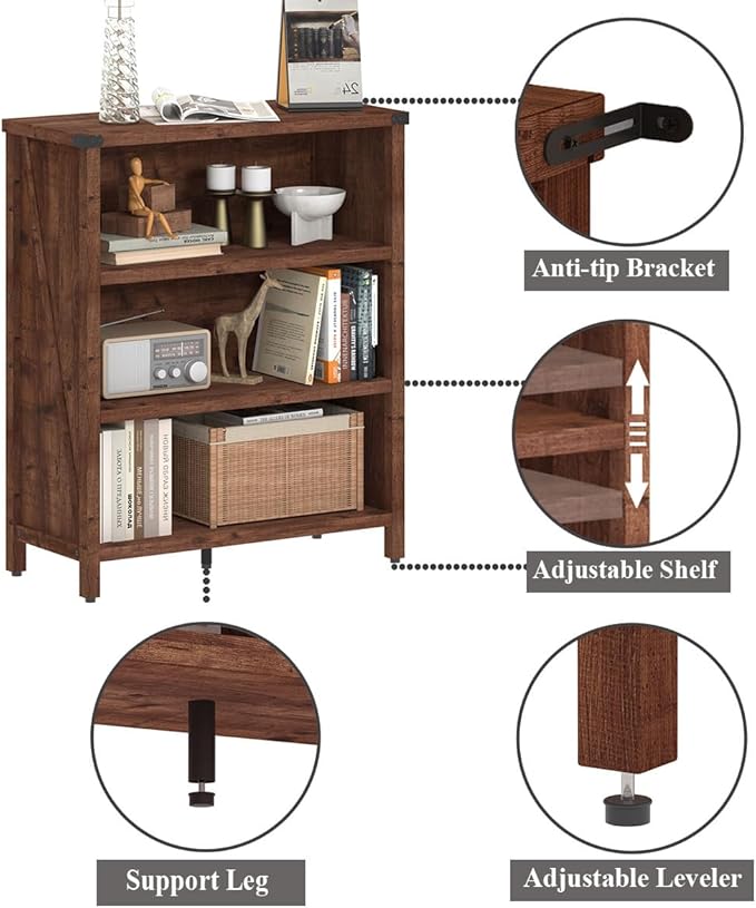 BON AUGURE Rustic Short Bookshelf, 3 Shelf Bookcase, Small Wood Low Book Cases/Shelves, Farmhouse Storage Tier Book Shelves for Home Office, Living Room, Small Space (Rustic Oak)