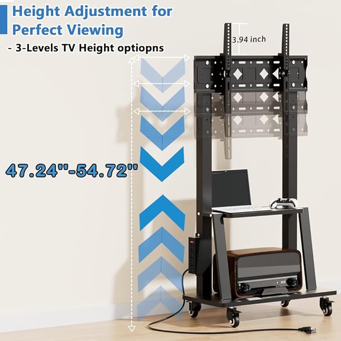 Rolling TV Stand with Power Outlet, Mobile TV Stand on Wheels for 32-75 inch TV, Height Adjustable Portable Black TV Cart, Holds up to 130LBS, Vesa 600×400mm