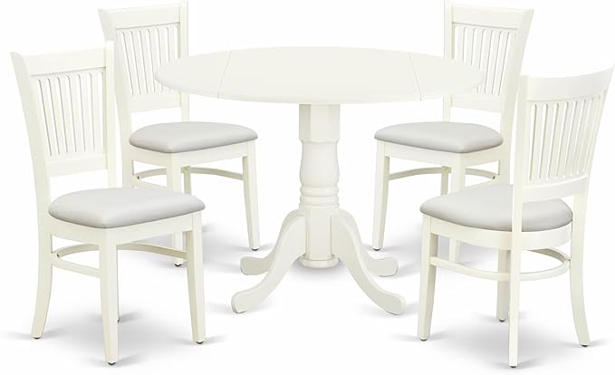 East West Furniture DLVA5-LWH-C 5 Piece Dining Table Set for 4 Includes a Round Kitchen Table with Dropleaf and 4 Linen Fabric Kitchen Dining Chairs, 42x42 Inch, Linen White