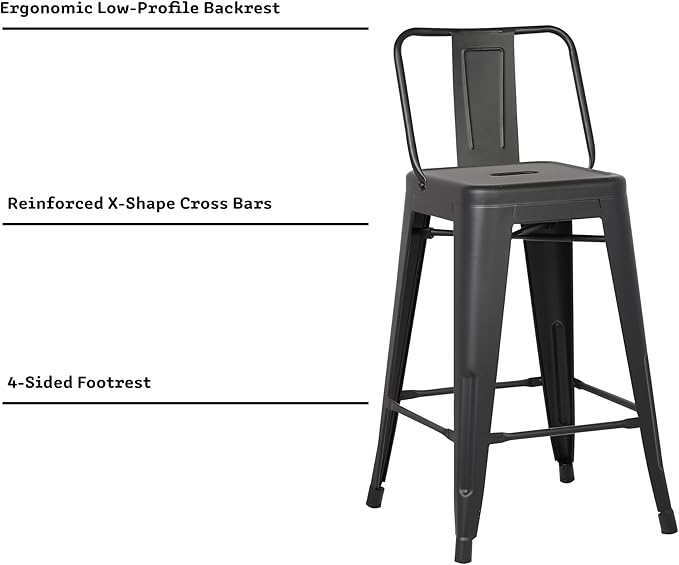 AC Pacific Modern 24” Metal Barstool Set of 2 – Country Rustic Style with Low Back, Lightweight & Sturdy Build, Easy Assembly, Matte Black