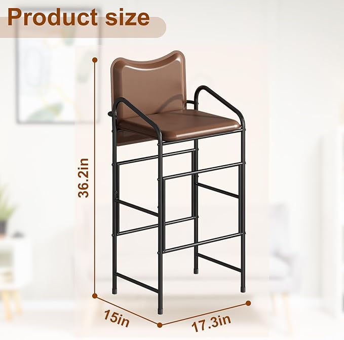 GILLAS Set of 2 Bar Stools with Backrest and Armrest, 36.2" PU Leather Counter Height Stools, Industrial Bar Chairs for Kitchen Island, Home Bar, Brown