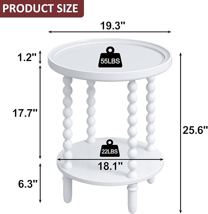 Gadroad Round End Table with Storage Shelf, 2 Tier Couch Side Table, Wood Coffee Table for Living Room, Bedroom, White 19.3 * 19.3 * 25.6 inches