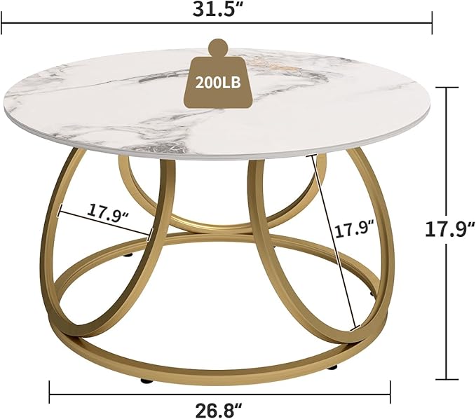 OIOG Round Coffee Table for Living Room, Modern Coffee Table with Marbling Natural Stone, Gold & White