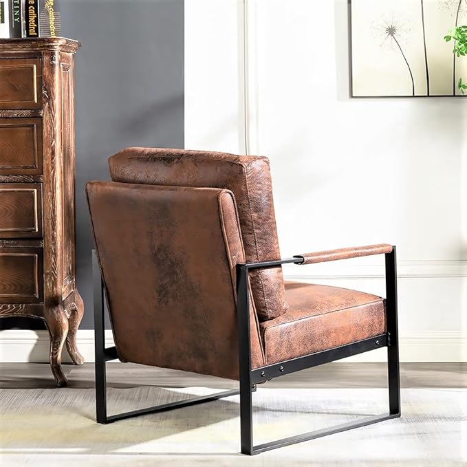 Container Furniture Classic Mid Century Modern Accent Chair with Durable Square Metal Frame, Armchair for Living Room, Bedroom, Home Office in Spotted Microfiber Upholstery, Brown