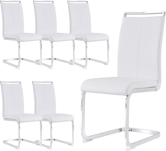 Dining Chairs Set, Kitchen Modern Metal Chairs with Faux Leather Padded Seat High Back and Sturdy Chrome Legs, Chairs for Dining Room (White, Set of 6)
