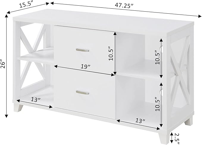 Convenience Concepts Oxford Deluxe 2 Drawer TV Stand with Shelves for TVs up to 55 Inches, White