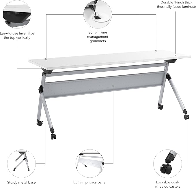 Bush Business Furniture Folding Training Table, 72 inch Desk, Commercial-Grade Bundle for Office or Classroom, Envision Collection, White