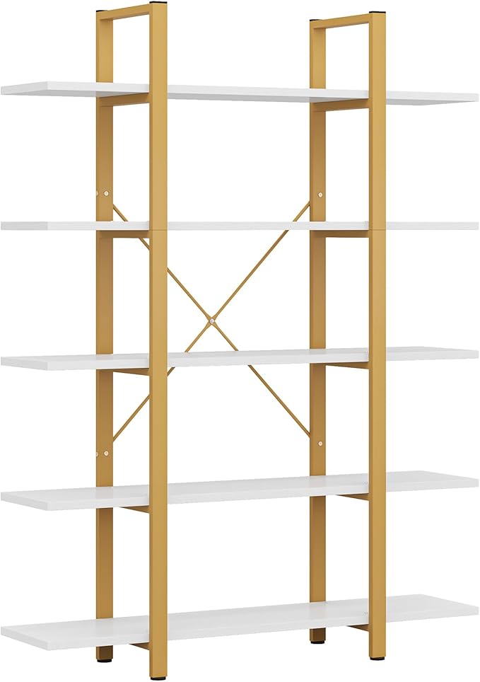 Tribesigns 5-Tier Bookshelf, Vintage Industrial Style Bookcase 70 ‘’ H x 12’’ W x 47’’L, Gold