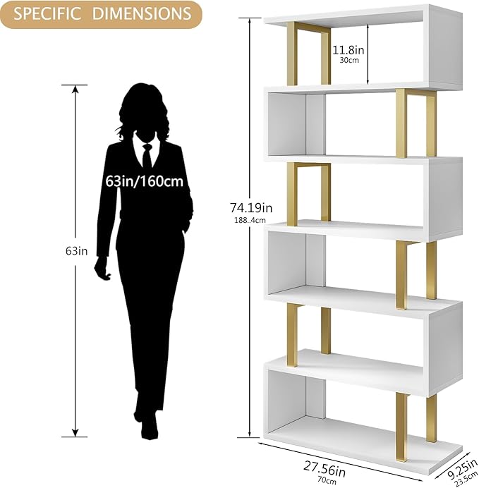 SORCEDAS Bookshelf Geometric Bookcase S Shaped Industrial Bookshelf Storage Display Stand Shelf for Living Room Bedroom and Office Room (White, 6 Tier)