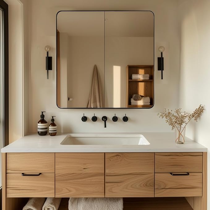 ANDY STAR Square Wall Mirror for Bathroom, 24”x24” Matte Black Bathroom Mirror, Rounded Corner Metal Mirror in Premium Stainless Steel Frame Hangs Horizontal Or Vertical
