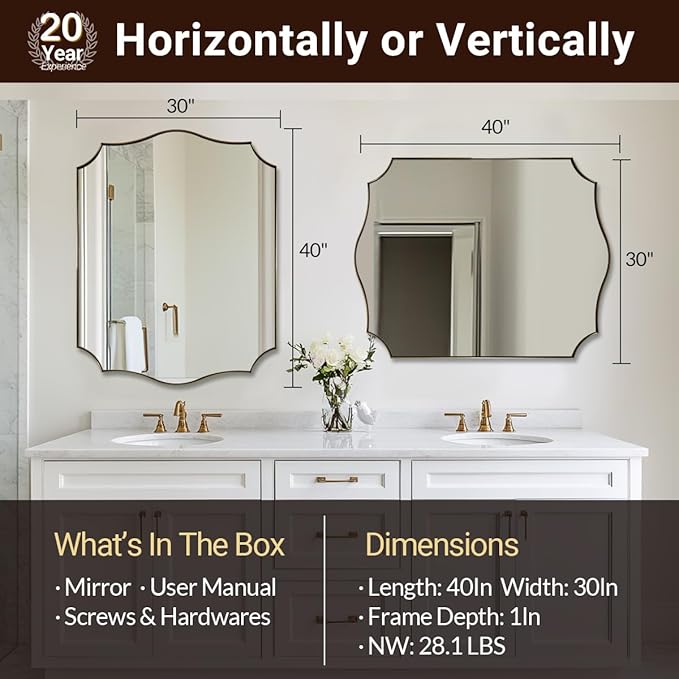 ANDY STAR 30"x40" Brushed Gold Bathroom Mirror, Large Rectangle Scalloped Mirror, Antique Brass Mirror in Rust-Proof Stainless Steel 1" Frame, Unique Wavy Design, Ideal for Home Remodel