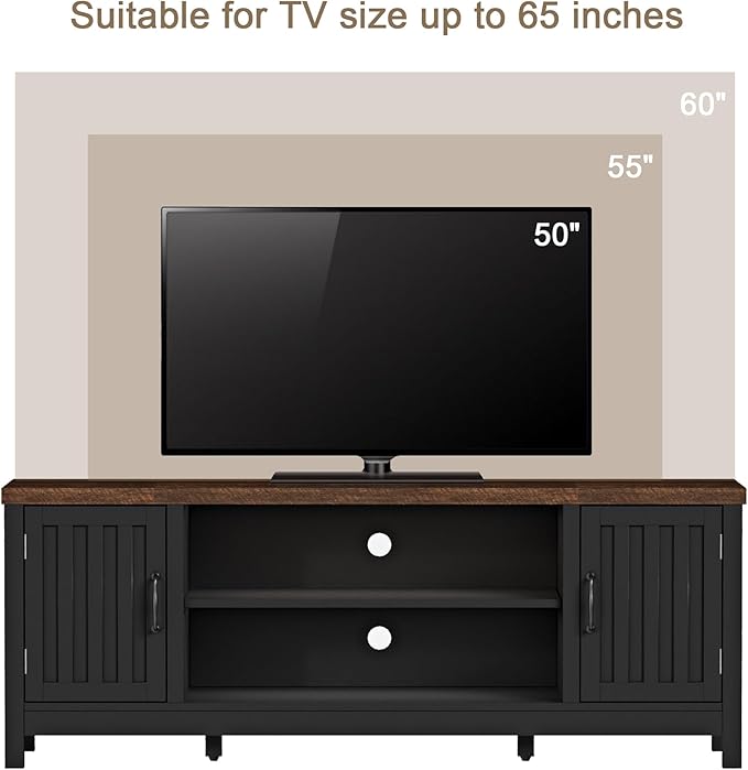ChooChoo Farmhouse TV Stand for Televisions up to 65 inches, Entertainment Center Console Table Media Furniture with Storage Cabinets and Open Shelves, Fluted Door, for Living Room Bedroom, Black