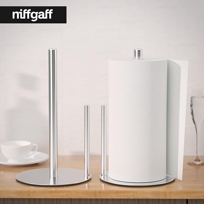 Paper Towel Holder Silver, Premium Stainless Steel Kitchen Roll Dispenser, Countertop Roll Organizer with Weighted Base