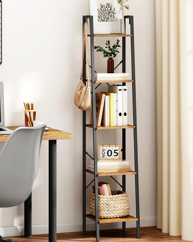 Ladder Shelf, Bookshelf Bookcase, Freestanding Corner Storage Shelve with 2 Hooks for Home Office, Living Room, Kitchen, Bedroom, Industrial, 5-Tier Rustic Brown BC03201B