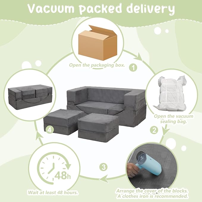 Modular Kids Play Couch, Kids Sofa Toddler Couch, Foam Play Set with Recliner, Toddler Sofa for Creative Boys & Girls, Convertible Foam Climbing Blocks