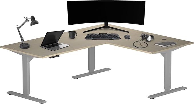 Progressive Desk Height Adjustable Computer Standing Desk - L Shaped 70" x 55" Corner Electric Stand Up Rising Workstation - Bright Beech, Gray Frame