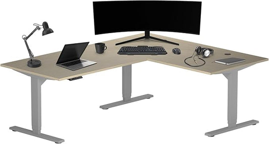 Progressive Desk Height Adjustable Computer Standing Desk - L Shaped 70" x 55" Corner Electric Stand Up Rising Workstation - Bright Beech, Gray Frame