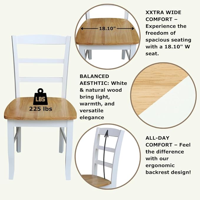 Madrid Ladderback, Set of 2 Dining Chairs , Solid Wood Kitchen/Dining Chairs, Parawood Construction, 18.1"W x 19.3"D x 35.2"H, 225 lb Weight Capacity, Elegant, Durable, White/Natural