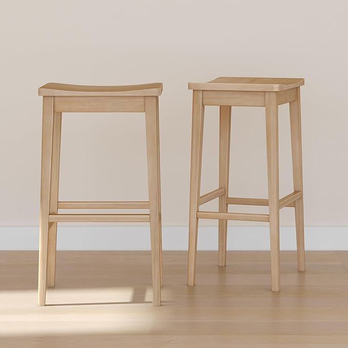 Plank+Beam Smythe Bar Stool, 30", Set of 2, Sturdy Wood Modern Kitchen Bar Height Stool, Saddle Seat Backless Counter Chair, Metal Footrest, Blonde
