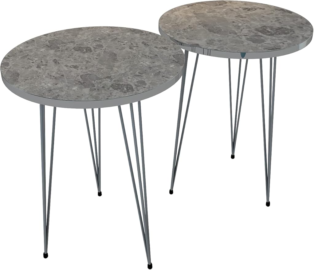 PAK HOME Set of 2 End Tables Round Wood Sofa Side Coffee Tables for Small Spaces, Nightstand Bedside Table with Metal Legs for Bedroom, Living Room, Office (Grey Marble High Gloss/Silver Legs)