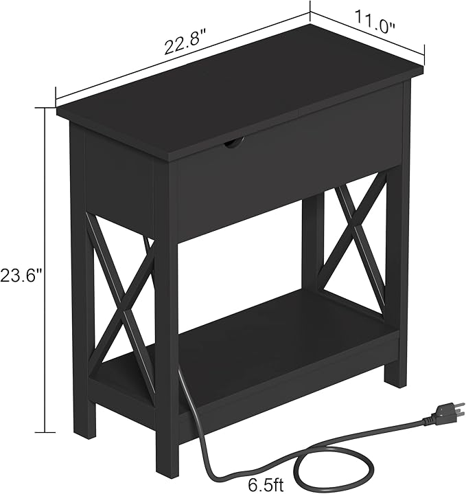 ChooChoo End Table with Charging Station, Narrow Flip Top Side Table with USB Ports & Power Outlets for Small Spaces, Nightstand Sofa Table for Living Room, Bedroom, Black, 2 Pack