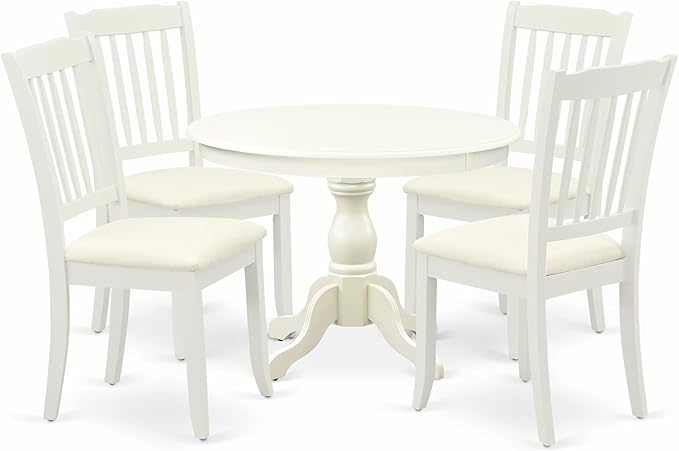 East West Furniture HBDA5-LWH-C 5 Piece Kitchen Table & Chairs Set Includes a Round Dining Room Table with Pedestal and 4 Linen Fabric Upholstered Chairs, 42x42 Inch, Linen White