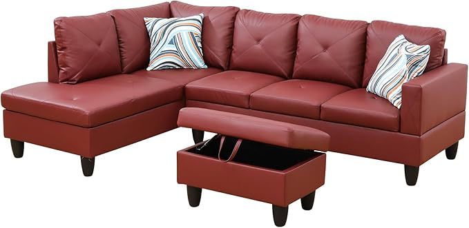 97" Oversized Sectional Couch, L Shaped Couch with Storage Ottoman, Modern Modular Sofa with Deep Seat, Sectional Couches for Living Room and Office, Red (Faux Leather)