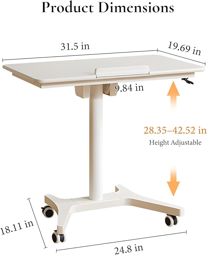 Adjustable Computer Desk, Solid Wood Folding Desk with Wheels, Mobile Home Office Laptop Table, Sit Stand Workstation, Rolling Desk, 28.35-42.52 H x 31.5 W x 19.69 D Inches,White