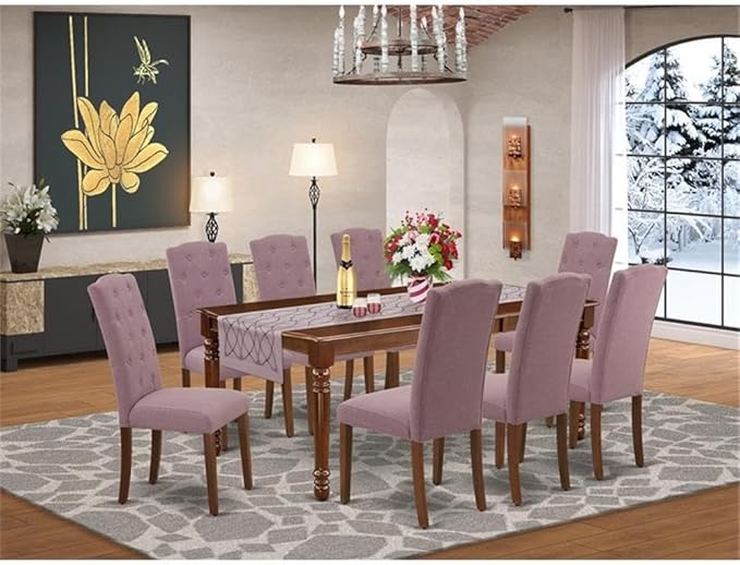East West Furniture DOCE9-MAH-10 9 Piece Dining Table Set Includes a Rectangle Dinner Table with Butterfly Leaf and 8 Dahlia Linen Fabric Parson Dining Chairs, 42x78 Inch, Mahogany