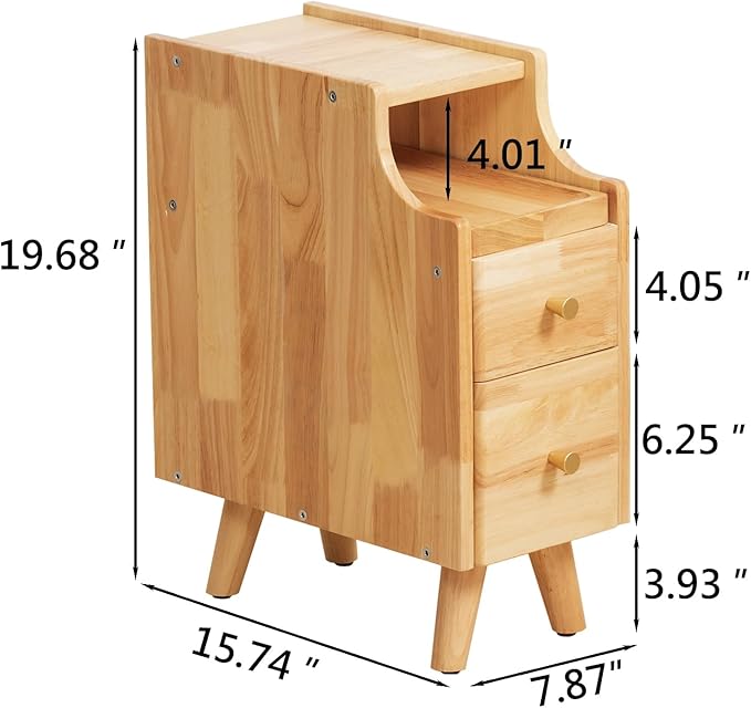 Small Nightstand, Narrow Nightstand, Solid Slim Wood Night Stand for Small Spaces, Couch, Nature Color 7.87in Wide